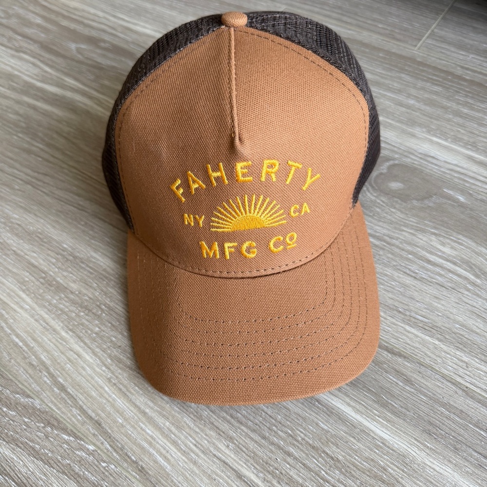 Faherty Brown Trucker Cap Hat Manufacturing Graphic logo embroidered new